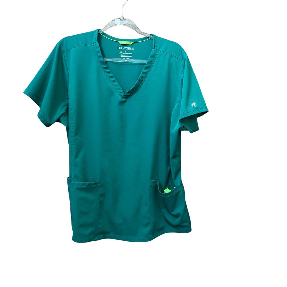 Healing Hands HH Works Hunter Green Scrub Top Size 1X Stretch Nursing Healthcare